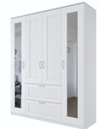 Шкаф четырехдверный Сириус с 2 зеркалами и 2 ящиками белый в Сузуне - suzun.mebel54.com | фото